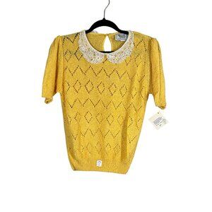 Retro Knit Sweater Floral Lace M Yellow Cottagecore Preppy Neutral Classic Chic